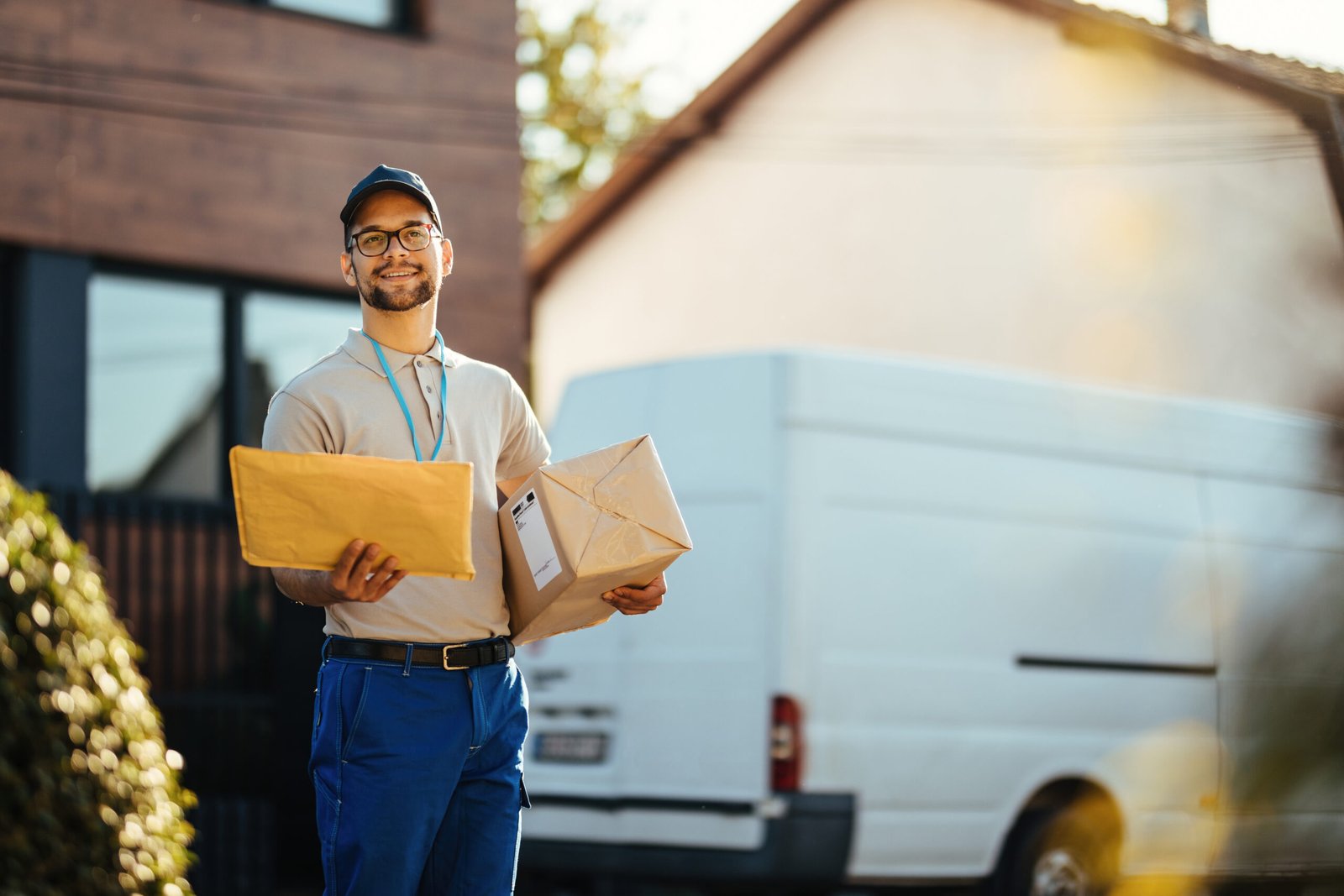 Young courier with packages looking for the street address while making home delivery.